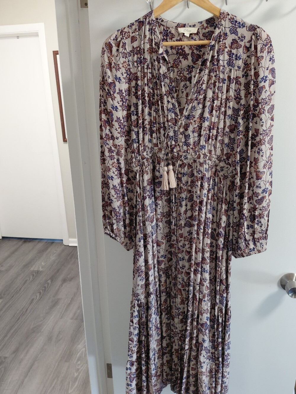 Elan Blue Brown Midi Button Down Dress With Tassel Tie Boho Fall